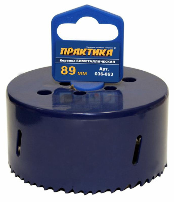 Коронка биметаллическая ПРАКТИКА  89 мм (3 1/2"), (1шт), клипса Коронка биметаллическая ПРАКТИКА  89 мм (3 1/2"), (1шт), клипса
