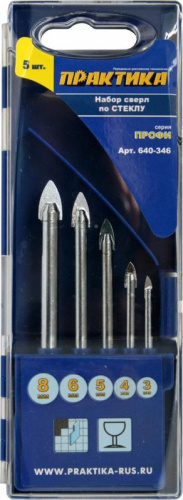 Набор сверл по стеклу и керамике ПРАКТИКА "Профи", 5 шт, 3, 4, 5, 6, 8 мм, ПРО кассета