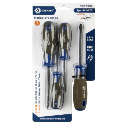 Набор отверток КОБАЛЬТ POLYWOOD, CR-V, древесно-полимерная рукоятки (4 шт.) подвес