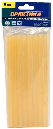 Клей для клеевого пистолета ПРАКТИКА желтый, прозрачный, 11 х 200 мм,  8 шт / пакет с подвесом