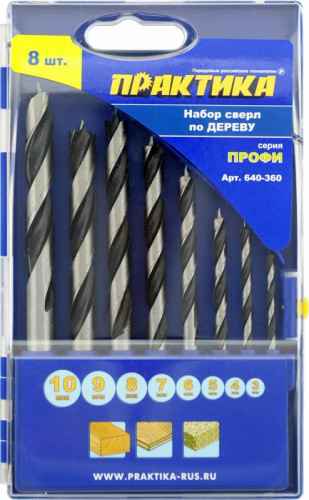 Набор сверл по дереву ПРАКТИКА "Профи", 8 шт, 3,4,5,6,7,8,9,10 мм, ПРО кассета Набор сверл по дереву ПРАКТИКА "Профи", 8 шт, 3,4,5,6,7,8,9,10 мм, ПРО кассета