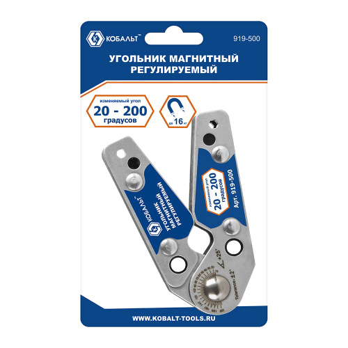 Угольник магнитный КОБАЛЬТ 101*63 мм, РЕГУЛИРУЕМЫЙ, диапазон углов 20-200 град., магнит до 16 кг.