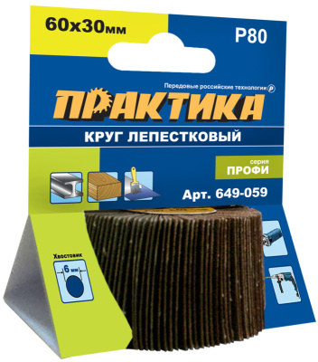 Круг лепестковый с оправкой ПРАКТИКА 60х30мм, P 80, хвостовик 6 мм, серия Профи Круг лепестковый с оправкой ПРАКТИКА 60х30мм, P 80, хвостовик 6 мм, серия Профи