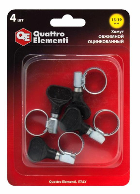 Хомут обжимной QUATTRO ELEMENTI 13-19 мм, оцинкованный, с ключом, 4 шт в блистере 