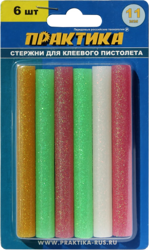 Клей для клеевого пистолета ПРАКТИКА цветной, с блестками, 11 х 100 мм, 6шт / блистер Клей для клеевого пистолета ПРАКТИКА цветной, с блестками, 11 х 100 мм, 6шт / блистер