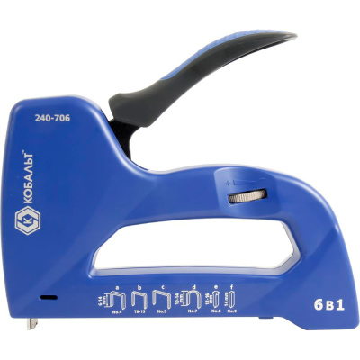 Степлер механический КОБАЛЬТ 6 в 1 скобы 6-14 мм (тип 53, 140, 13), скобы для кабеля 10-14 мм, шпиль