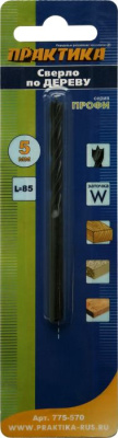 Сверло по дереву ПРАКТИКА  5 х 85 мм, W-заточка, (1шт.) блистер, серия Профи Сверло по дереву ПРАКТИКА  5 х 85 мм, W-заточка, (1шт.) блистер, серия Профи