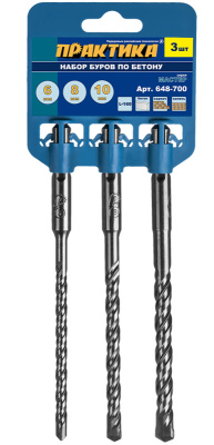 Набор буров SDS-plus ПРАКТИКА  6,8,10 х 160 мм, 3 шт "Мастер", клипса