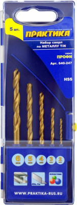 Набор сверл по металлу ПРАКТИКА "Профи", нитрид титана, 5 шт 2,3,4,5,6 мм, ПРО кассета Набор сверл по металлу ПРАКТИКА "Профи", нитрид титана, 5 шт 2,3,4,5,6 мм, ПРО кассета