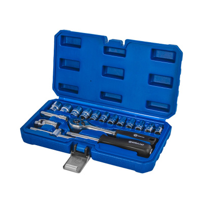 Набор головок торцевых КОБАЛЬТ с трещоткой 1/4", Cr-V, 17 ПРЕДМЕТОВ, кейс