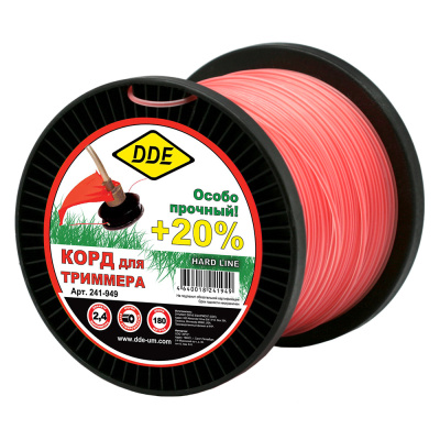 Корд триммерный на катушке DDE "Hard line" (круг армированный) 2,4 мм х 180 м, серый/красный