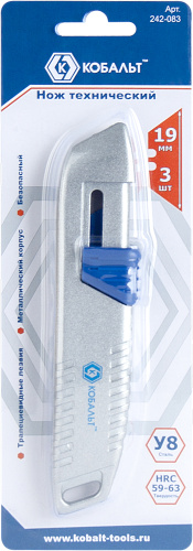 Нож технический КОБАЛЬТ "Безопасный", трапециевидные лезвия 19 мм (3 шт.), металлический корпус, бли