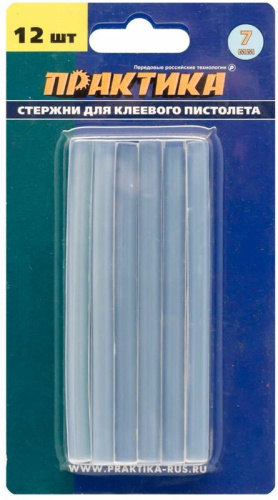 Клей для клеевого пистолета ПРАКТИКА белый, прозрачный, 7 х 100 мм, 12шт / блистер* Клей для клеевого пистолета ПРАКТИКА белый, прозрачный, 7 х 100 мм, 12шт / блистер*
