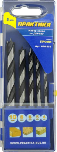 Набор сверл по дереву ПРАКТИКА "Профи", 5 шт, 4, 5, 6, 8, 10 мм, ПРО кассета